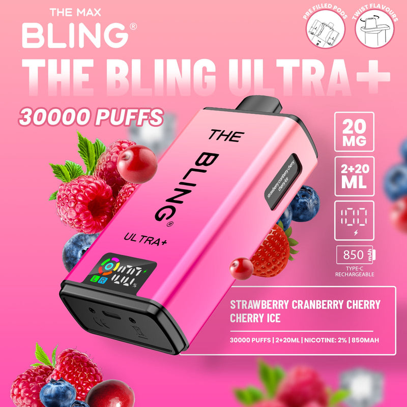 The Bling Ultra Plus 30k Puffs Prefilled Pod Vape Strawberry cranberry cherry cherry ice