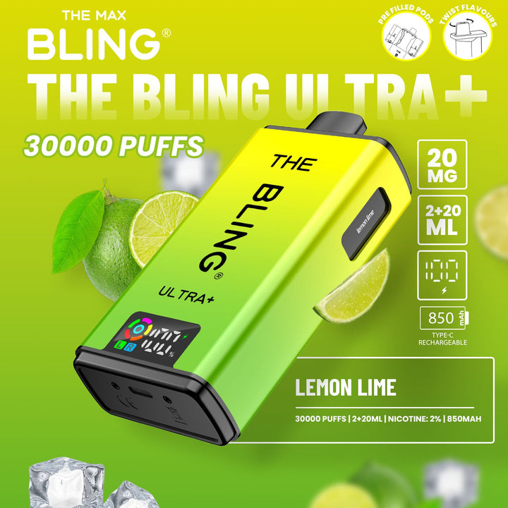 The Bling Ultra Plus 30k Puffs Prefilled Pod Vape Lemon Lime