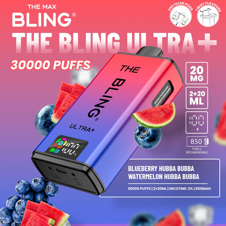 BThe Bling Ultra Plus 30k Puffs Prefilled Pod Vape blueberry Hubba Hubba Flavor