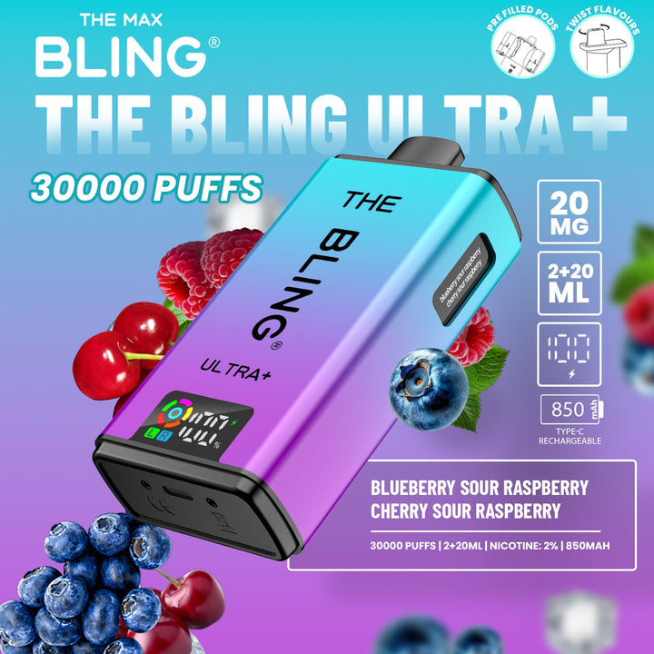 The Bling Ultra Plus 30k Puffs Prefilled Pod Vape Blueberry Sour Raspberry