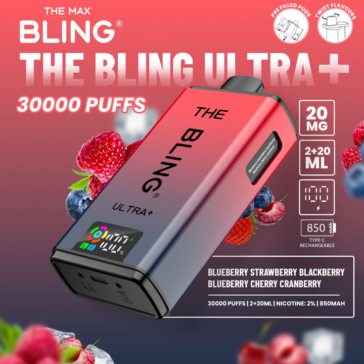 The Bling Ultra Plus 30k Puffs Prefilled Pod Vape Blueberry Strawberry Blackberry