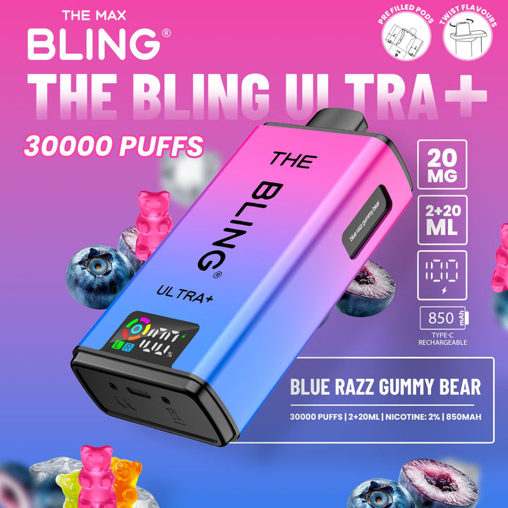 The Bling Ultra Plus 30k Puffs Prefilled Pod Vape Blue Razz Gummy Bear