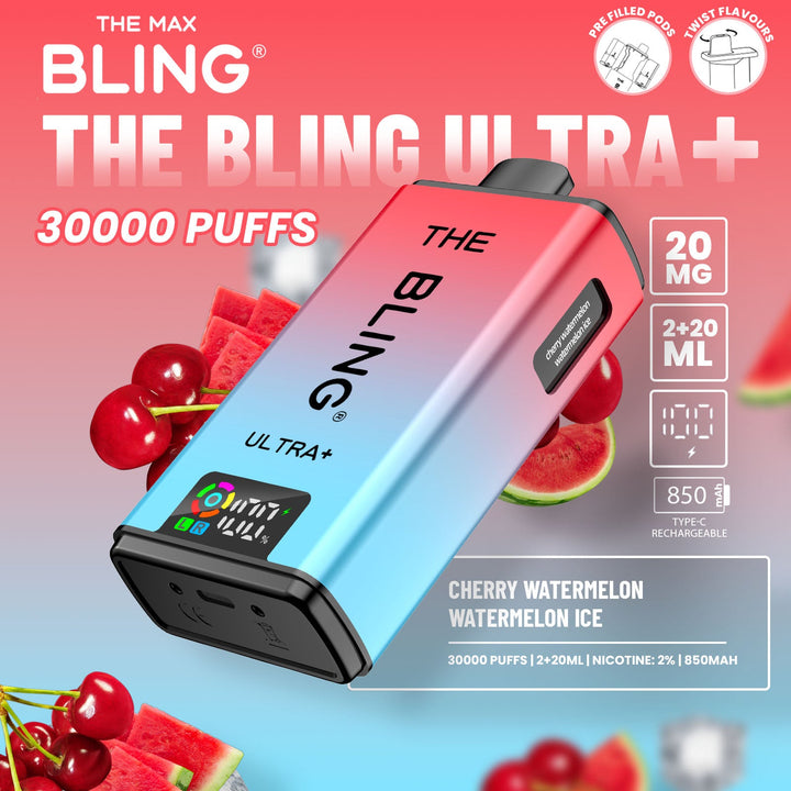 The Bling Ultra Plus 30k Puffs Prefilled Pod Vape Cherry Watermelon