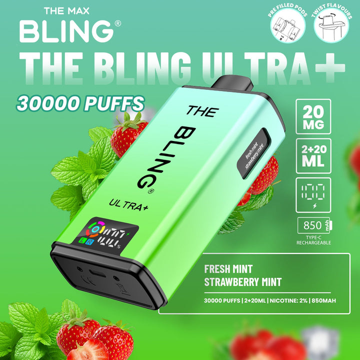 The Bling Ultra Plus 30k Puffs Prefilled Pod Vape Strawberry Mint
