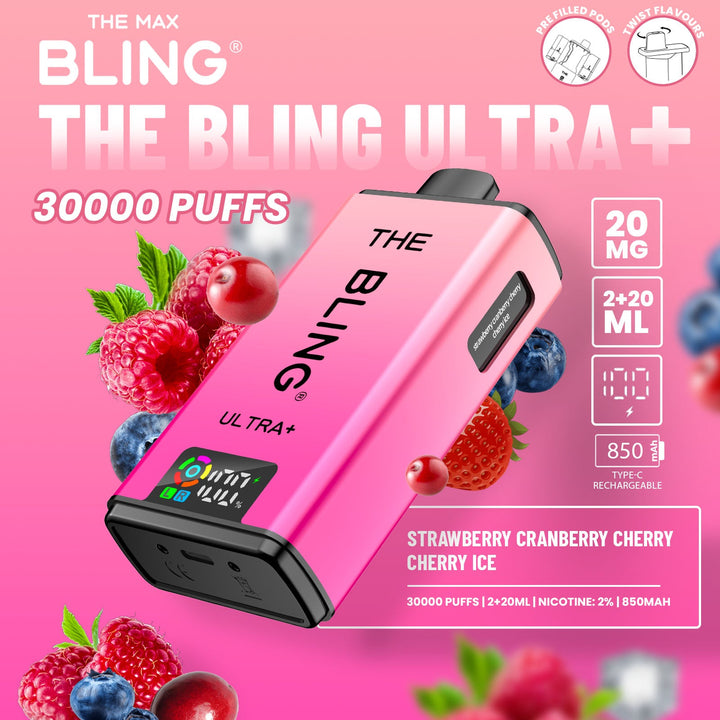 The Bling Ultra Plus 30k Puffs Prefilled Pod Vape Strawberry cranberry cherry cherry ice