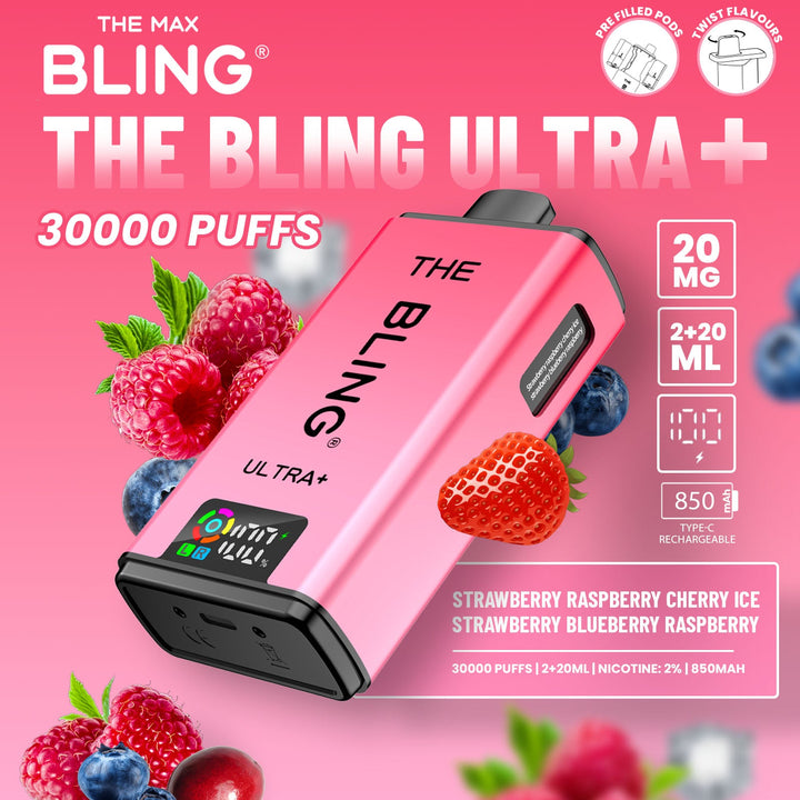 The Bling Ultra Plus 30k Puffs Prefilled Pod Vape Strawberry Raspberry Cherry Ice