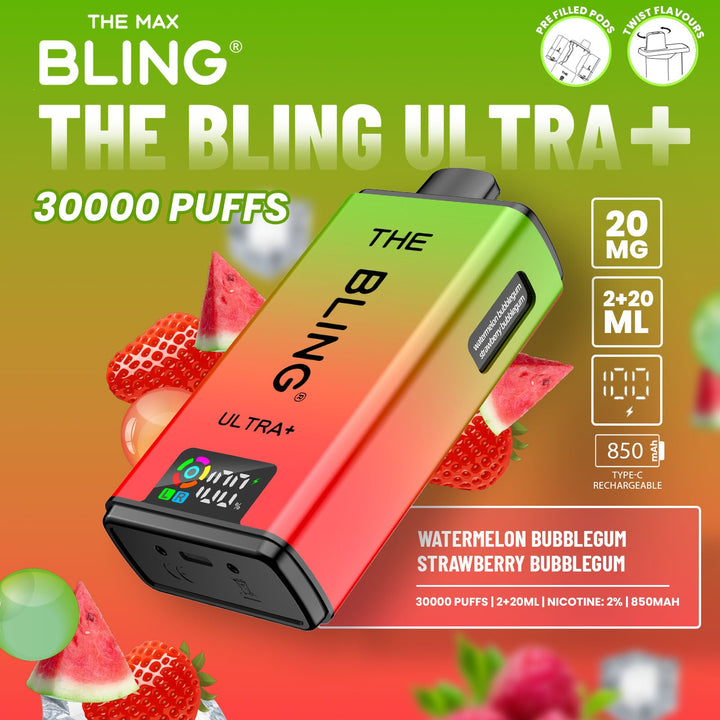 The Bling Ultra Plus 30k Puffs Prefilled Pod Vape Watermelon Bubble Gum